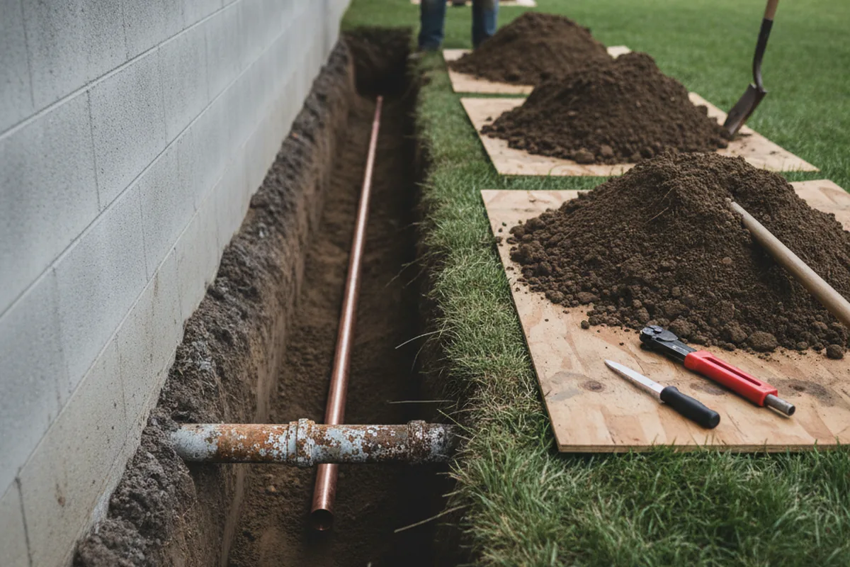Excavated water line trench during Water Softener Installation in Cross Plains